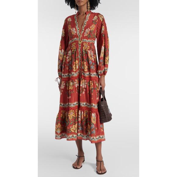$350 NWT FARM RIO Garden Delight Red Fall Floral Midi Dress – Medium - Picture 5 of 15